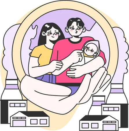Parents with new baby in pollution environment  Illustration