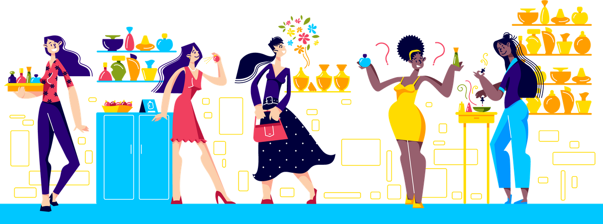 Magasin de parfumerie avec des femmes choisissant un nouveau parfum  Illustration