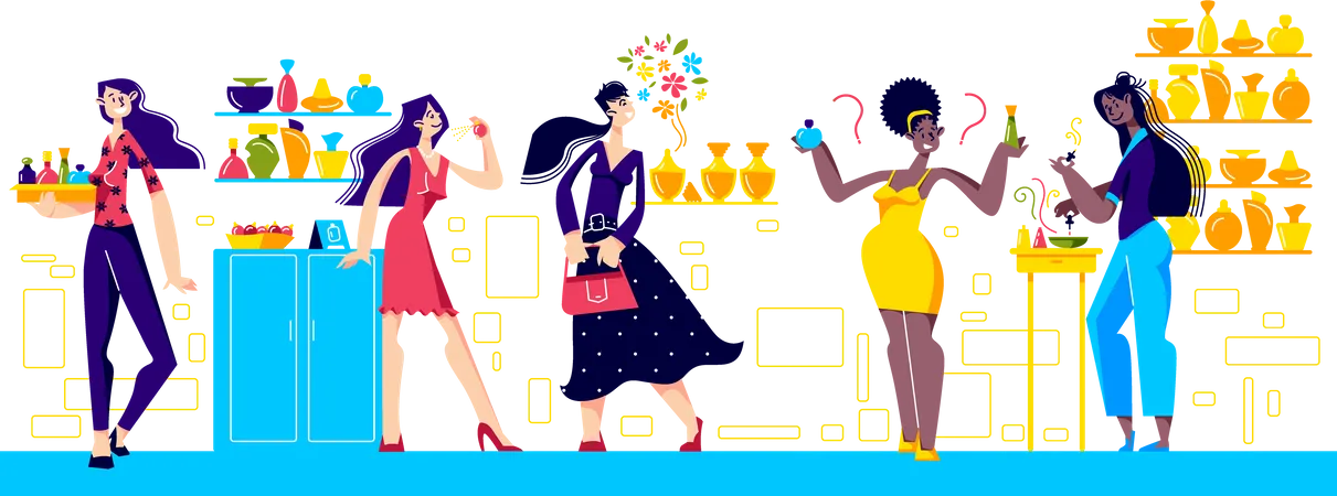 Magasin de parfumerie avec des femmes choisissant un nouveau parfum  Illustration