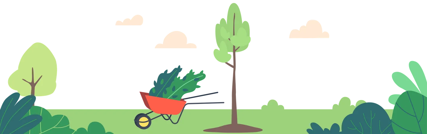 Park Landscape with Tree Seedlings in Wheelbarrow Illustration