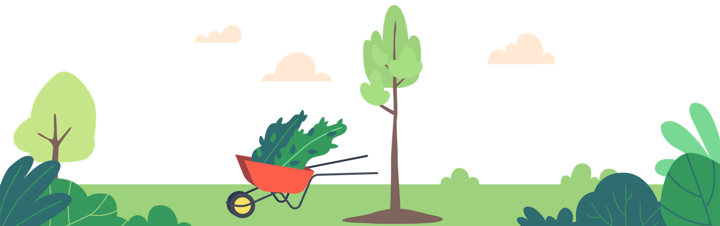 Park Landscape with Tree Seedlings in Wheelbarrow  Illustration