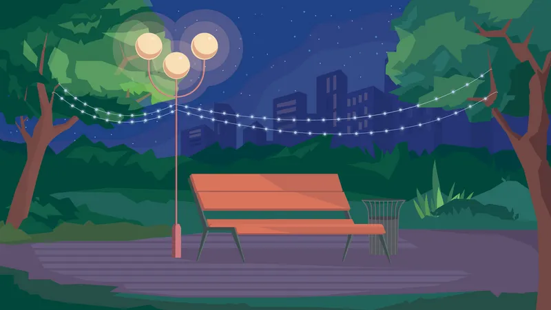 Summer City Park At Night View Banner In Flat Cartoon Design Public Garden Or Square Benches Lantern Lamps Garland Green Trees Cityscape And Skyscrapers Vector Illustration Of Web Background Illustration