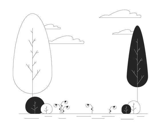 Park Trees Clouds Black And White Cartoon Flat Illustration Shrubs Greenery Summer Outdoors No People 2 D Lineart Landscape Isolated Outside Springtime Peaceful Monochrome Scene Vector Outline Image Illustration