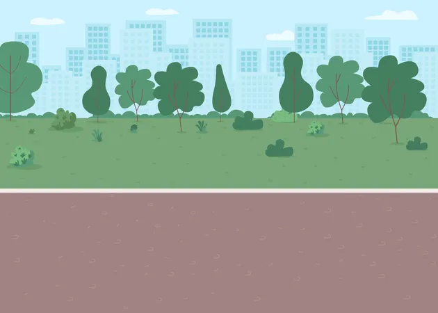 Park Way Flat Color Vector Illustration Parkway With Lawn Walkway Place For Recreation Downtown District With Nature Metropolis Street 2 D Cartoon Landscape With Skyline On Background Illustration