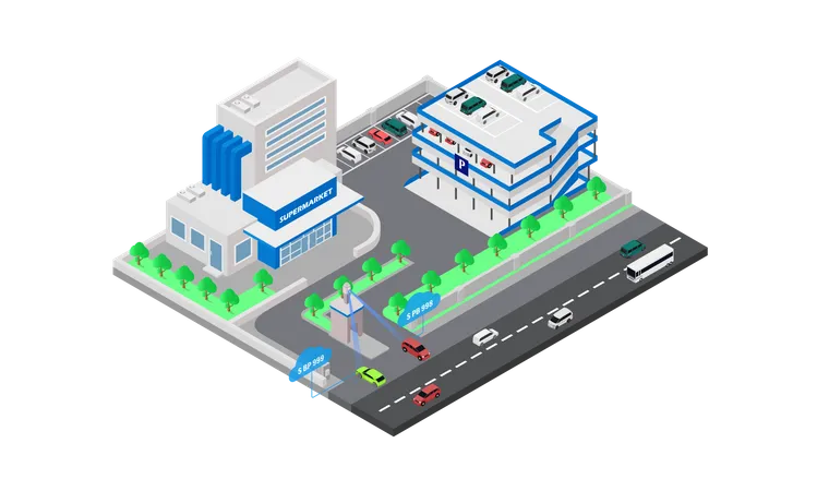 Isometric Style Illustration About Parking Lot In Supermarket With Vehicle License Plate Sensor Illustration
