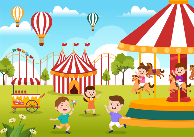 Parque de atracciones con niños  Ilustración