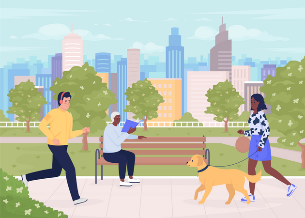 Parque de la ciudad con visitantes  Ilustración