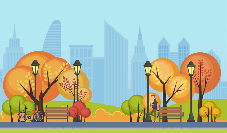 Parque de la ciudad durante el otoño  Ilustración