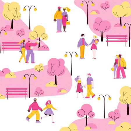 Romántico parque urbano con parejas de dibujos animados caminando juntas  Ilustración