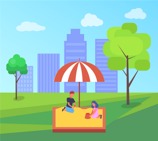 Parque infantil de verano con arenero en un moderno jardín de infantes  Ilustración
