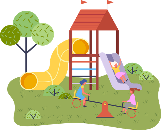 Parque infantil de verano con columpios y otros elementos del parque de atracciones para niños.  Ilustración