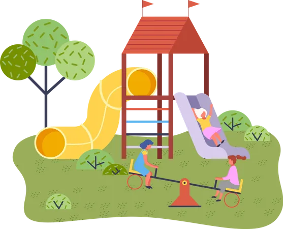 Parque infantil de verano con columpios y otros elementos del parque de atracciones para niños.  Ilustración