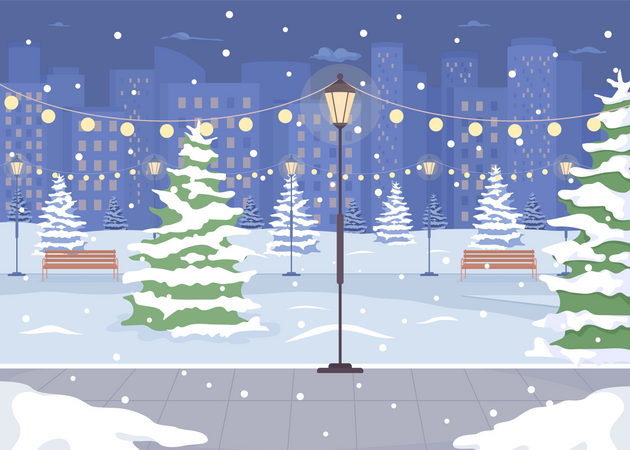 Parque de inverno noturno com luz de rua  Ilustração