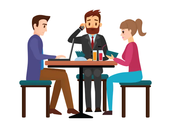 Les partenaires commerciaux assis dans un café à table mangent et boivent dîner  Illustration