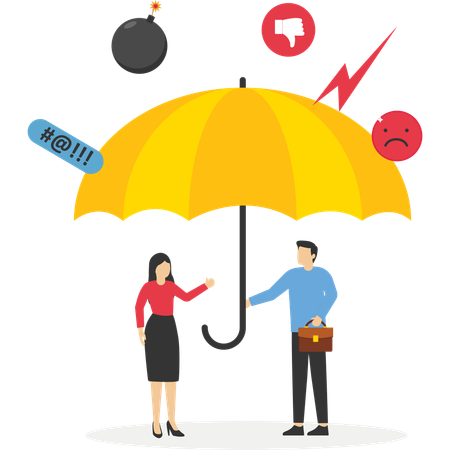 Partner and businessman hold strong umbrella protect from negative feedback  Illustration