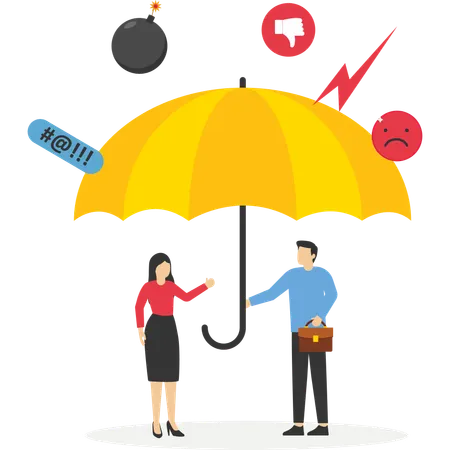 Partner and businessman hold strong umbrella protect from negative feedback  Illustration