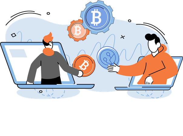 Partners exchanging bitcoin money coins  Illustration