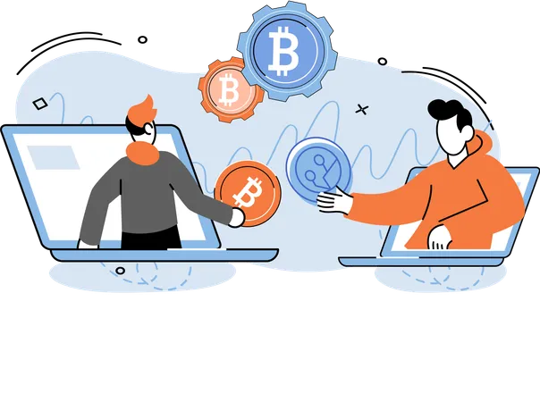 Partners exchanging bitcoin money coins  Illustration