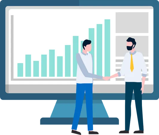 Partners Handshake Man Wearing Formal Clothes On Consulting Conference Worker With Computer And Info In Infocharts Managers Discussing Information New Team Vector Illustration In Flat Style Illustration