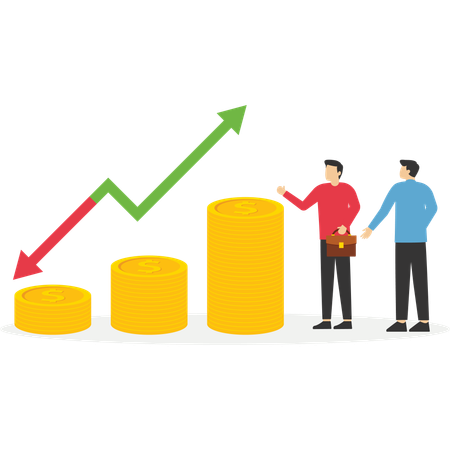 Partners standing near coin piles and arrow up and down  Illustration