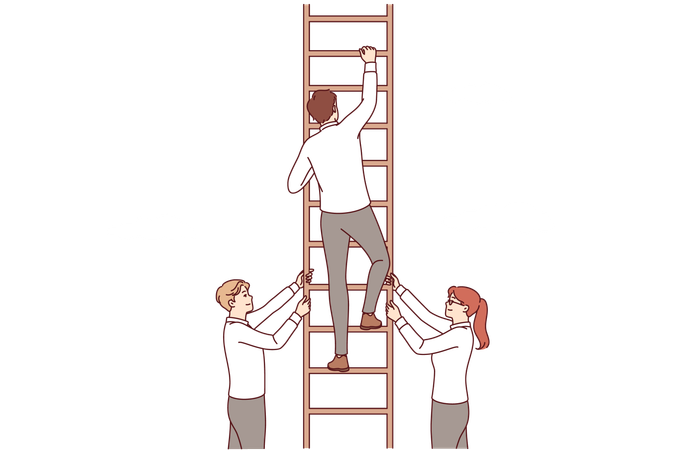 Partners support business man climbing career ladder and striving to achieve success  Illustration