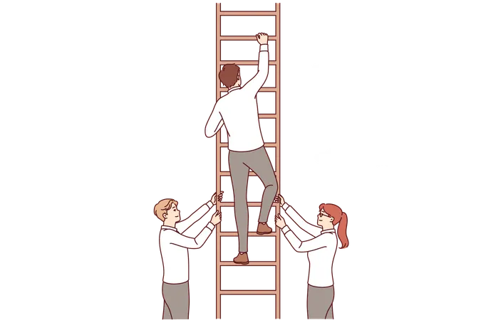 Partners support business man climbing career ladder and striving to achieve success  Illustration