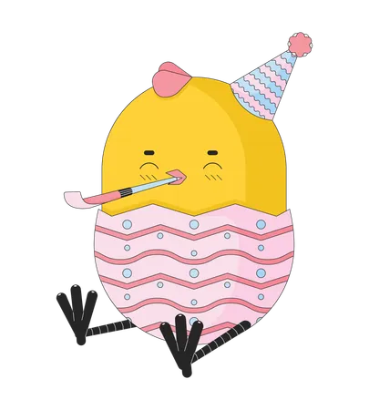 Party Blowing Cute Baby Chicken In Birthday Hat 2 D Linear Cartoon Character Whistle Noisemaker Small Chick Isolated Line Vector Personage White Background Funny Bird Color Flat Spot Illustration Illustration