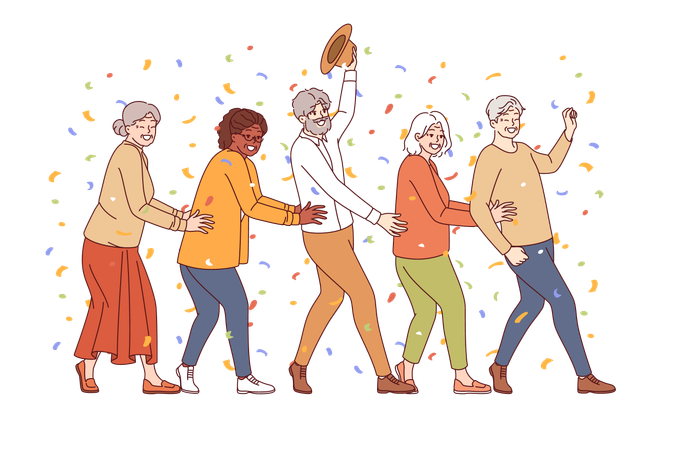 Party of elderly people dancing and standing in row enjoying retirement and not having to work  Illustration