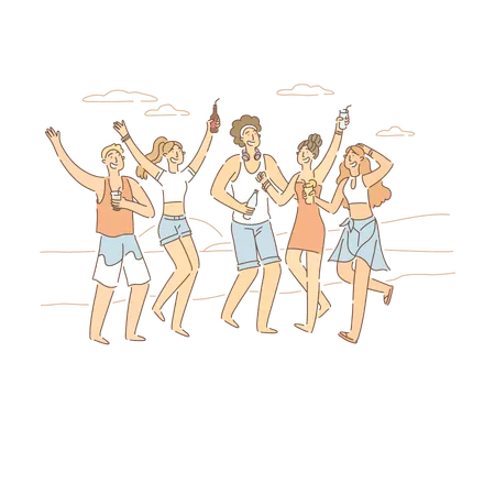 Group Of People Having Different Beverages On Beach Partying With Friends Outdoors In Summertime Banner Drinking Alcoholic Cocktails Cartoon Concept Sketch Flat Vector Illustration Illustration