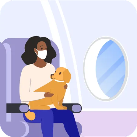 Pasajera con perro en vuelo  Ilustración