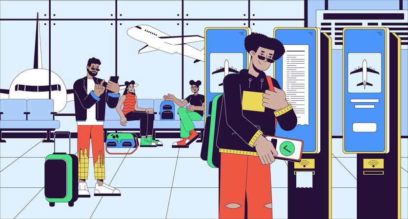 Pasajero del aeropuerto haciendo auto check-in  Ilustración