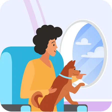 Pasajero con perro en vuelo  Ilustración