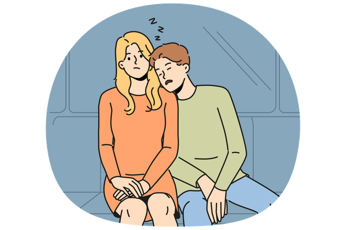 Pasajero del metro duerme sobre el hombro de una mujer avergonzada por la falta de tacto de un desconocido  Ilustración