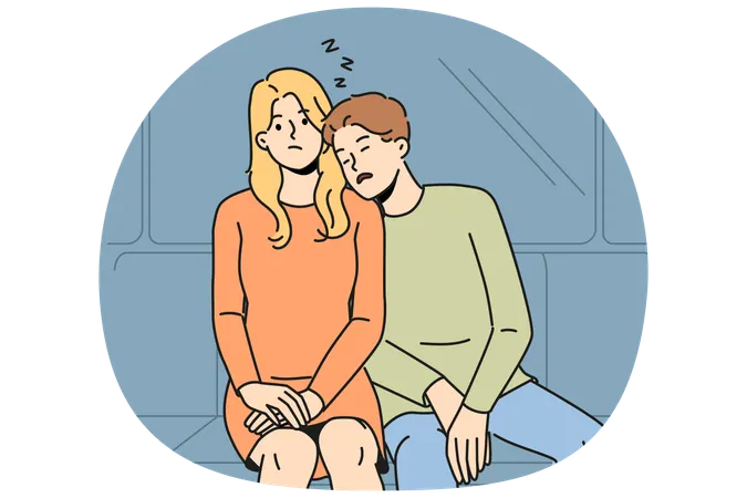 Pasajero del metro duerme sobre el hombro de una mujer avergonzada por la falta de tacto de un desconocido  Ilustración