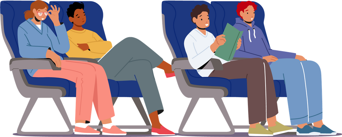 Pasajero sentado en cómodos asientos de avión  Ilustración