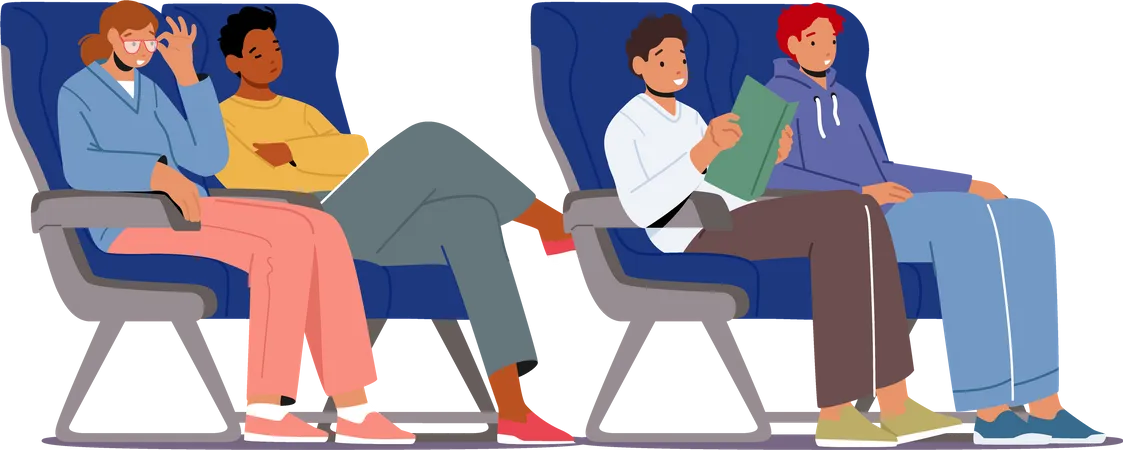 Pasajero sentado en cómodos asientos de avión  Ilustración