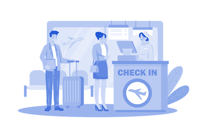 Los pasajeros hacen cola para facturar en el aeropuerto  Ilustración