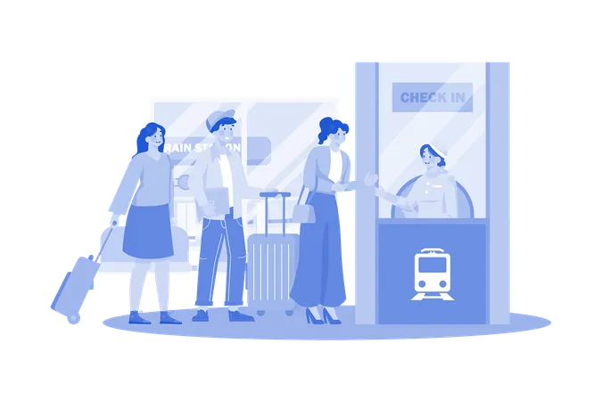 Los pasajeros hacen fila para registrarse en la estación de tren  Ilustración