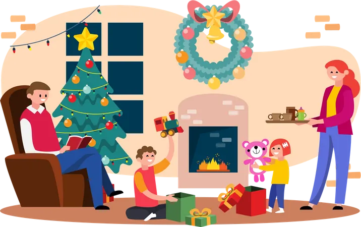 Familia pasando tiempo juntos durante las vacaciones de Navidad  Ilustración