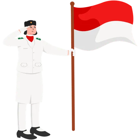 Paskibra Woman Saluting While Holding a Flag  Illustration