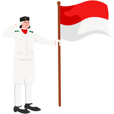 Paskibra Woman Saluting While Holding a Flag  Illustration