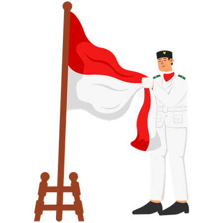 Homme Paskibraka embrassant le drapeau rouge et blanc  Illustration