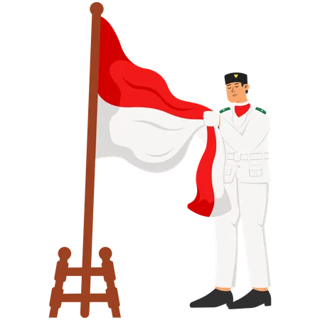 Homme Paskibraka embrassant le drapeau rouge et blanc  Illustration