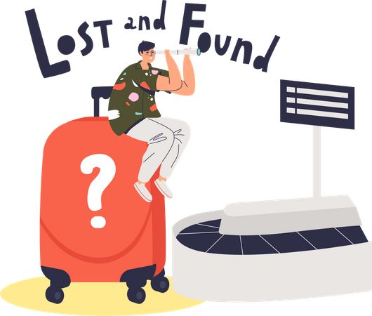 Passageiro de companhia aérea masculino sentado no cinto de bagagem com mala encontrada  Ilustração