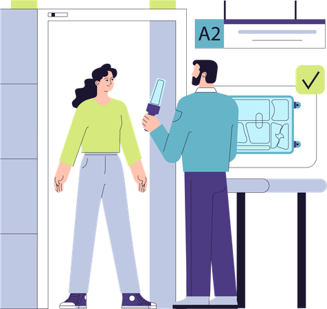 Passageiro submetido a exame de triagem antes de embarcar no voo  Ilustração
