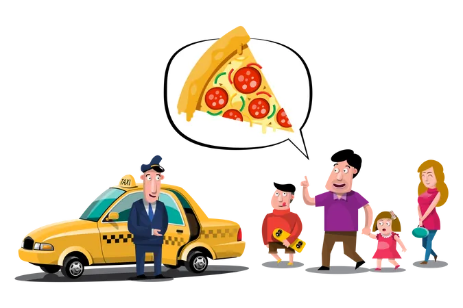 Passageiro pedindo para taxista passar na pizzaria  Ilustração