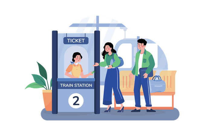 Passageiros fazem fila para fazer check-in na estação de trem  Ilustração