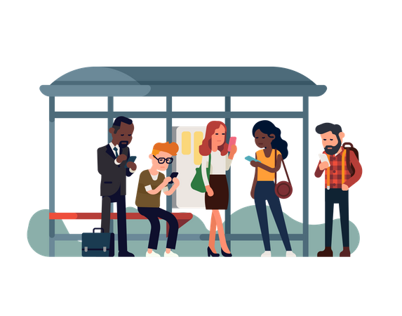 Passageiros viciados em telefone no ponto de ônibus  Ilustração