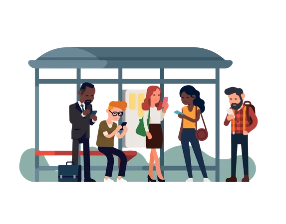 Passageiros viciados em telefone no ponto de ônibus  Ilustração