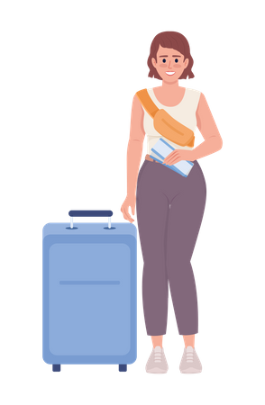 Passagère souriante avec billets et valise  Illustration